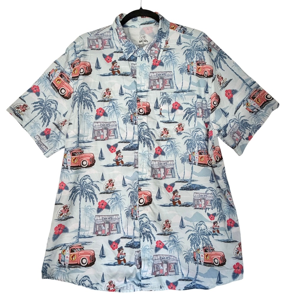 Buc-ee's Hawaiian Button Up Men XL Blue Poly Spandex Tropical Surf Truck Shirt